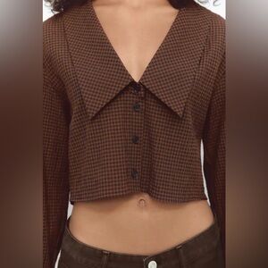 ZARA Cropped checkered L/S Shirt with Peter Pan Collar XS NWT